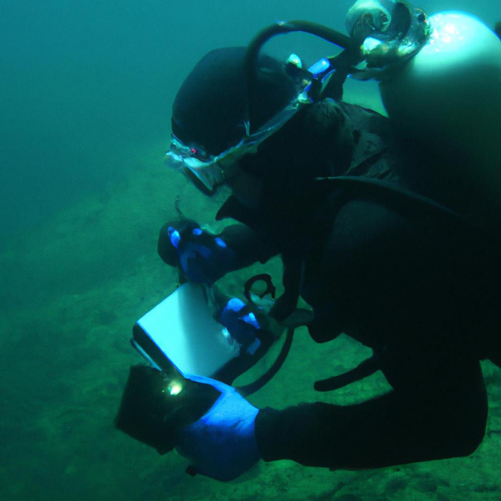 Person analyzing data underwater, professionally