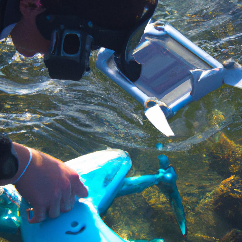 Person operating underwater drone equipment