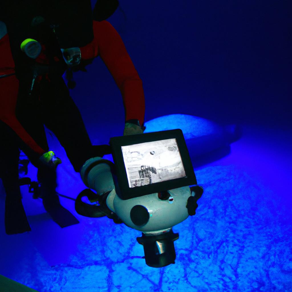 Person operating underwater laser scanner