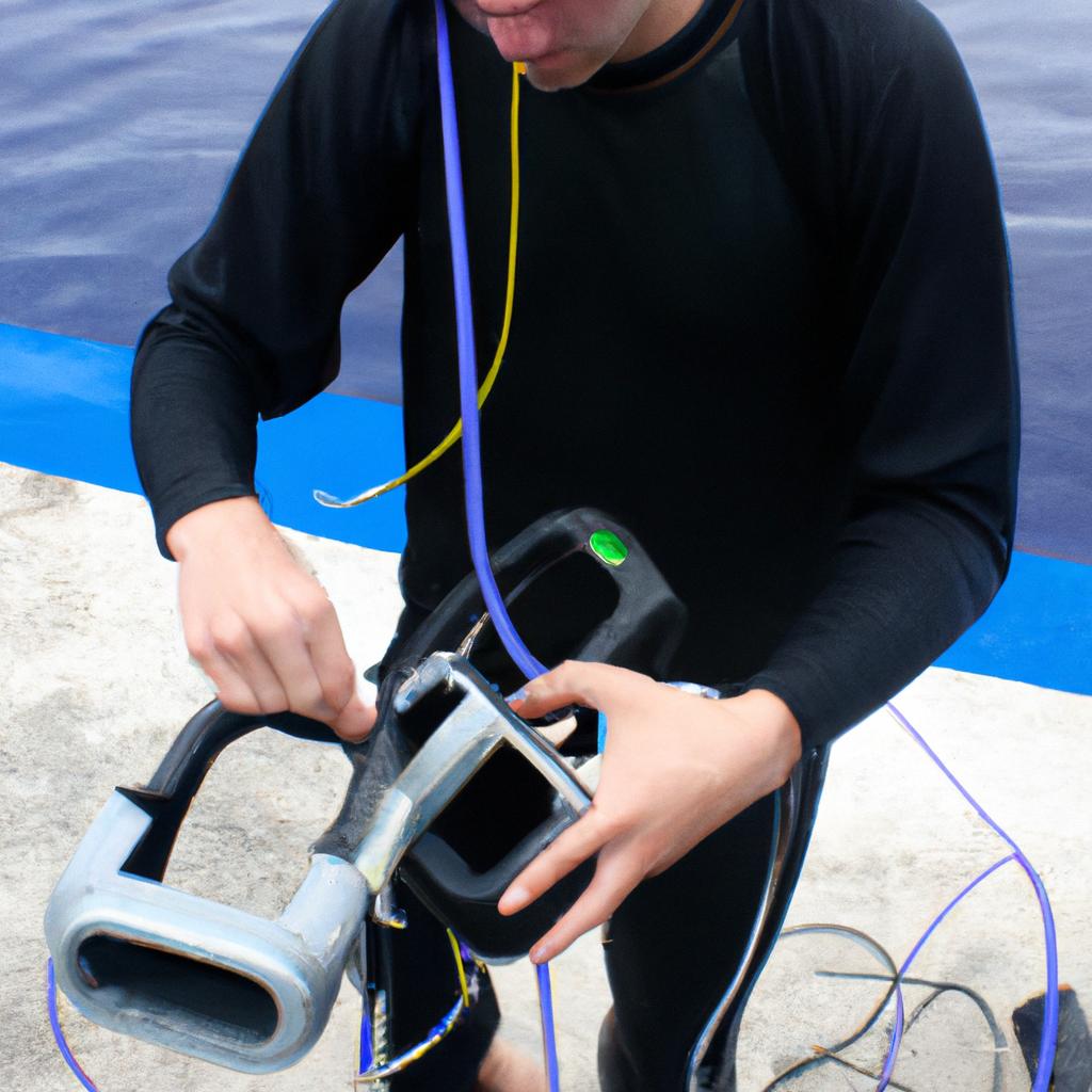 Person inspecting underwater equipment